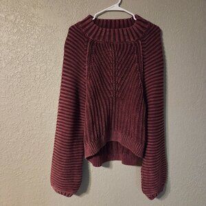 Bohme Chunky Cable Knit Ribbed Mock Neck Boho Sweater 100% Cotton Sz L- Mauve
